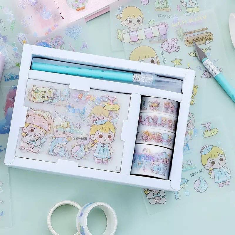 Kit de Stickers con washi tape y cuter